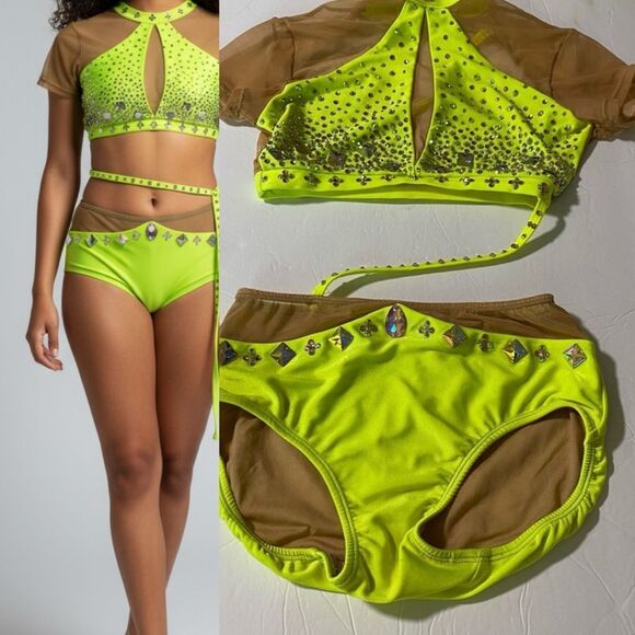 Patrick J designs solo custom dance costume neon yellow  leotard 2 piece SA - Picture 1 of 11